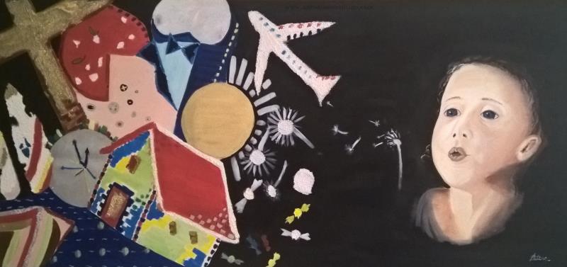 Time, painting by Antonio Sorrentino in which a child blows and symbols of existence unfold from the gesture